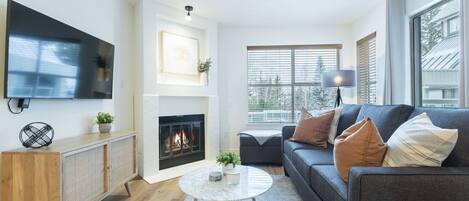 Télévision, cheminée, chaîne hi-fi