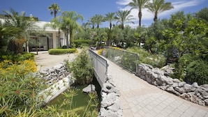 Un sentier de jardin avec un petit pont enjambant un élément aquatique, le tout entouré de différentes plantes et de palmiers.