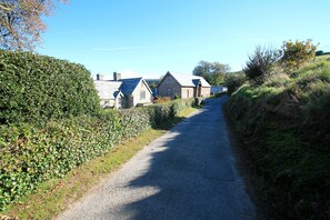 A narrow rural road flanked by stone houses with pitched roofs and a hedge on one side.