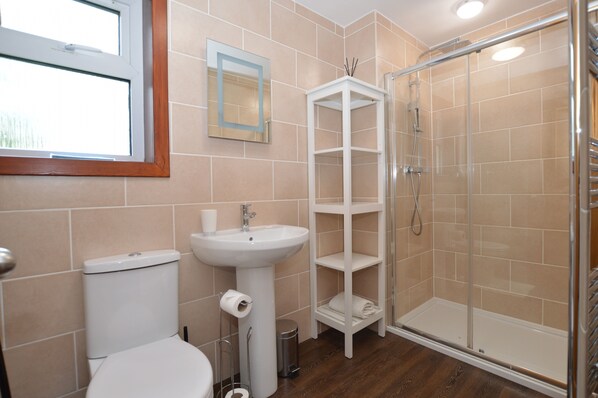 Une salle de bain comprenant des toilettes, un lavabo, un miroir et une douche séparée par une paroi en verre.
