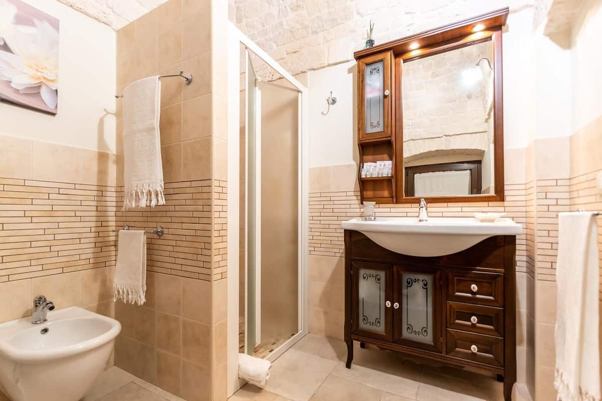 Une salle de bain équipée d’une douche, d’un bidet, d’un lavabo avec un miroir et d’un meuble de rangement.