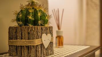 A cactus in a rustic wooden planter with a heart-shaped decoration, placed on a textured surface next to a reed diffuser.