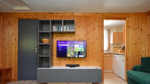 Uma sala de estar com uma televisão de tela plana fixada em uma parede de madeira, um rack cinza, um sofá verde e uma porta de madeira.