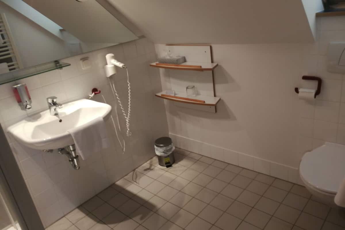 economy single room | bathroom | shower, hair dryer, towels, soap