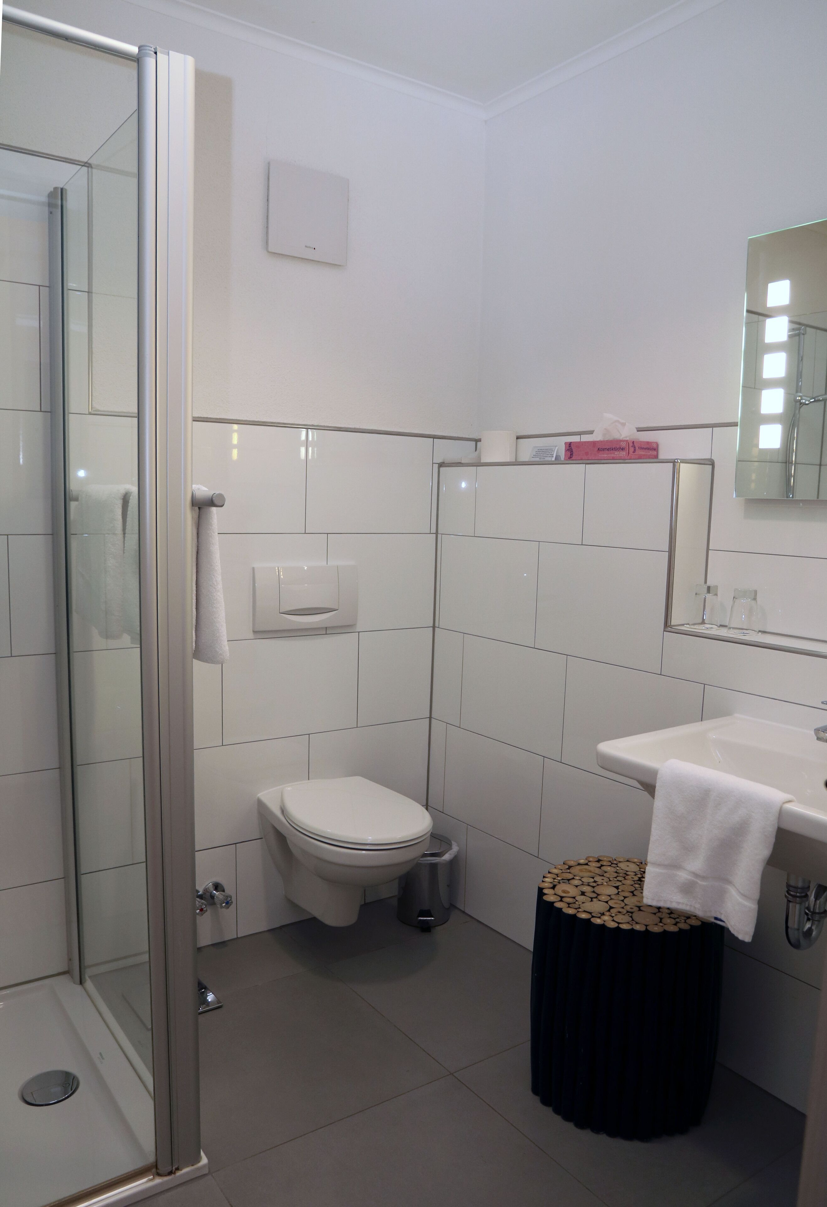 Ein modernes Badezimmer mit Duschkabine aus Glas, Toilette, Waschbecken und Mülleimer.