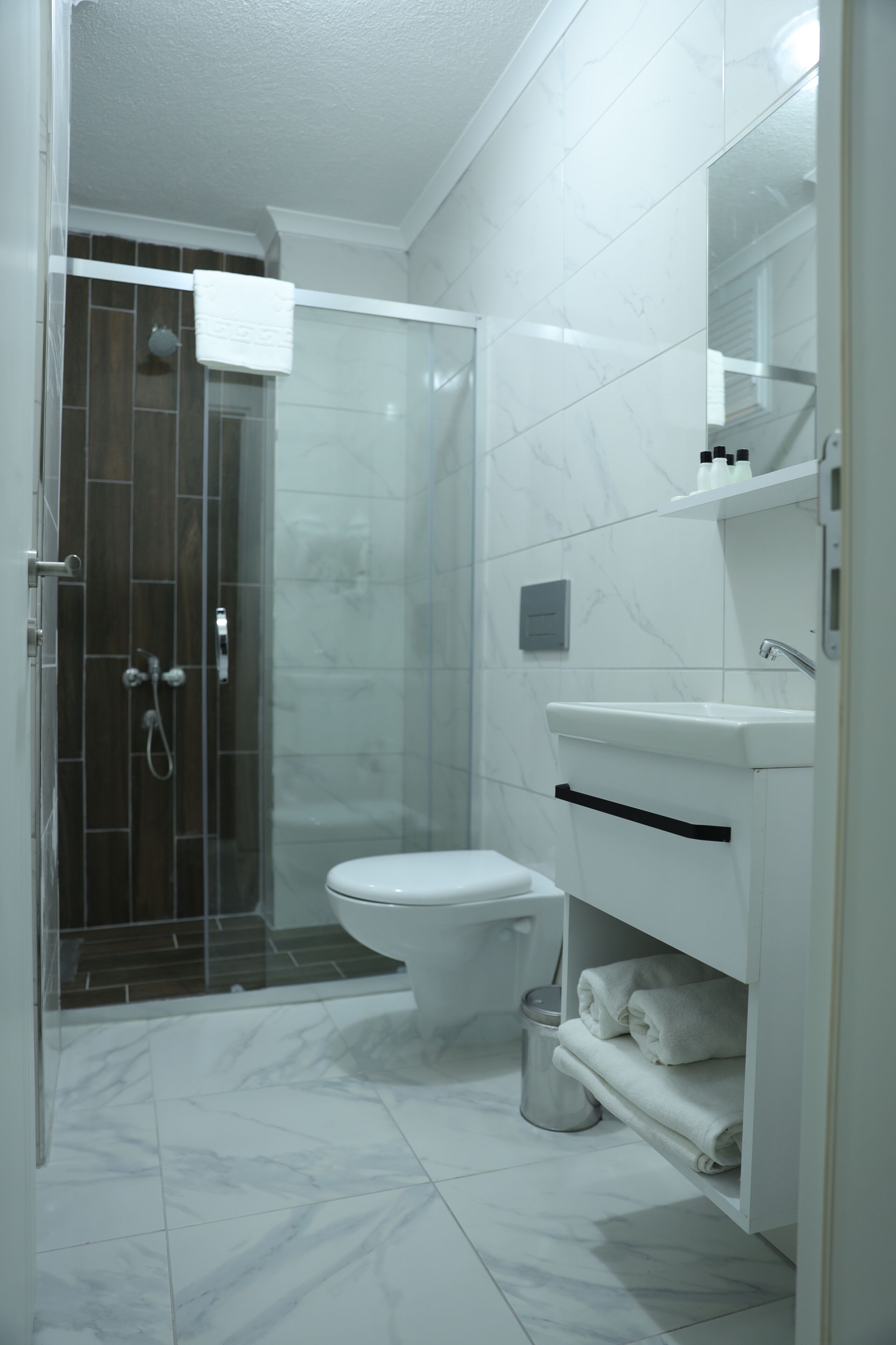 Une salle de bain avec une douche à parois de verre, des toilettes et un lavabo avec un miroir au-dessus.