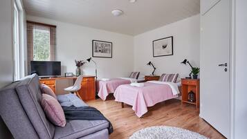 A modern bedroom with two beds, a sofa, a desk, and a TV.