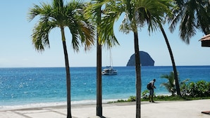 Ein Strand mit Palmen, blauem Meer und einem Segelboot in der Ferne.