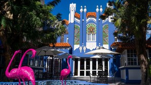 A building with a blue facade, a tiled pool area, and two pink flamingo statues. - The Fox Hotel (Ponce)