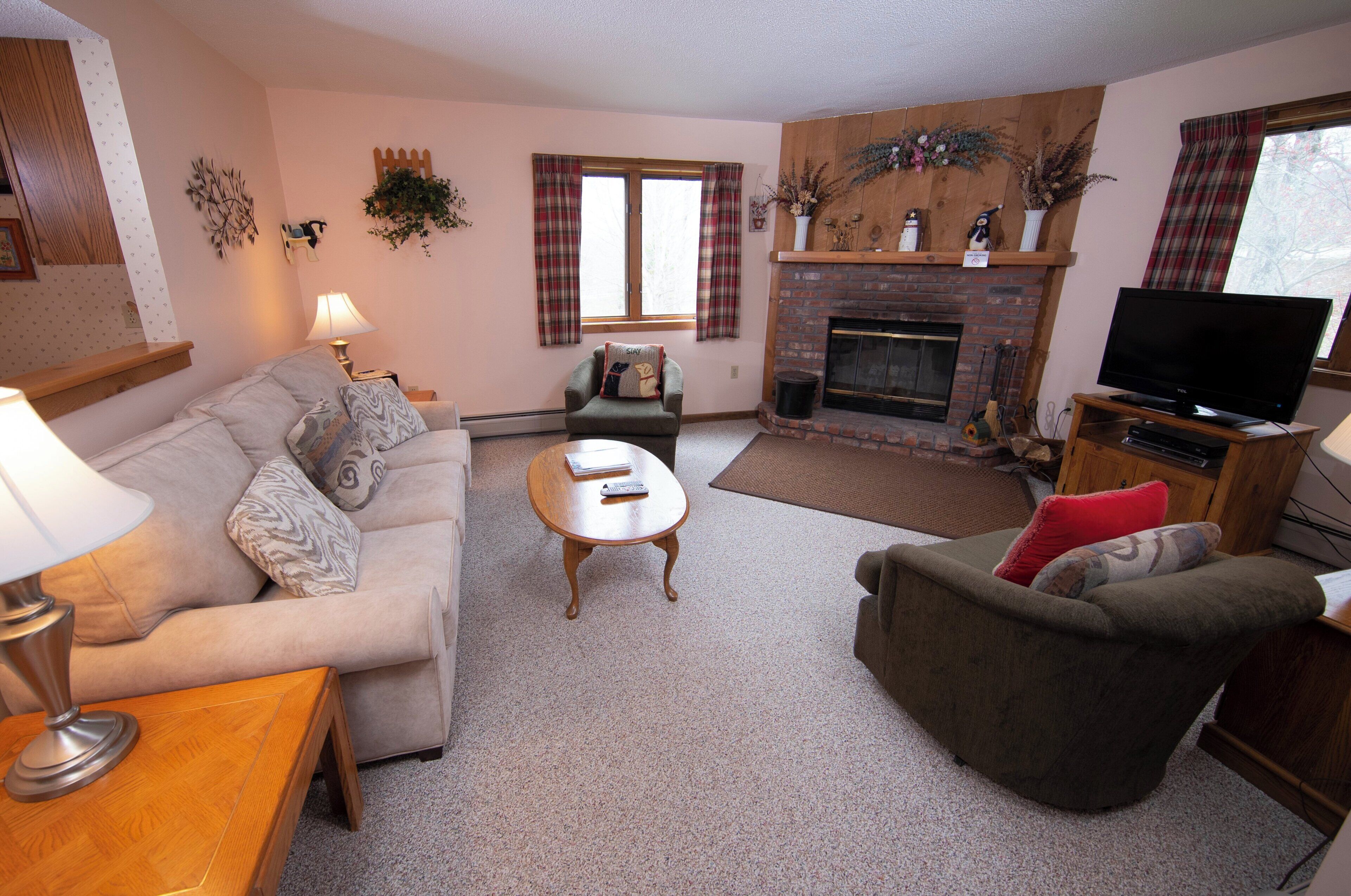 A living room with a sofa, armchair, coffee table, fireplace, television, and decorative plants.