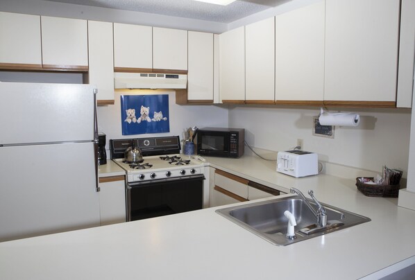 Una cocina compacta con armarios blancos, estufa, microondas, tostadora y pileta.