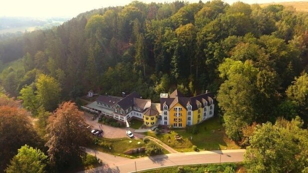 A large, historic building with multiple wings, surrounded by dense forest. - Waldhaus Lauenhain (Mittweida)