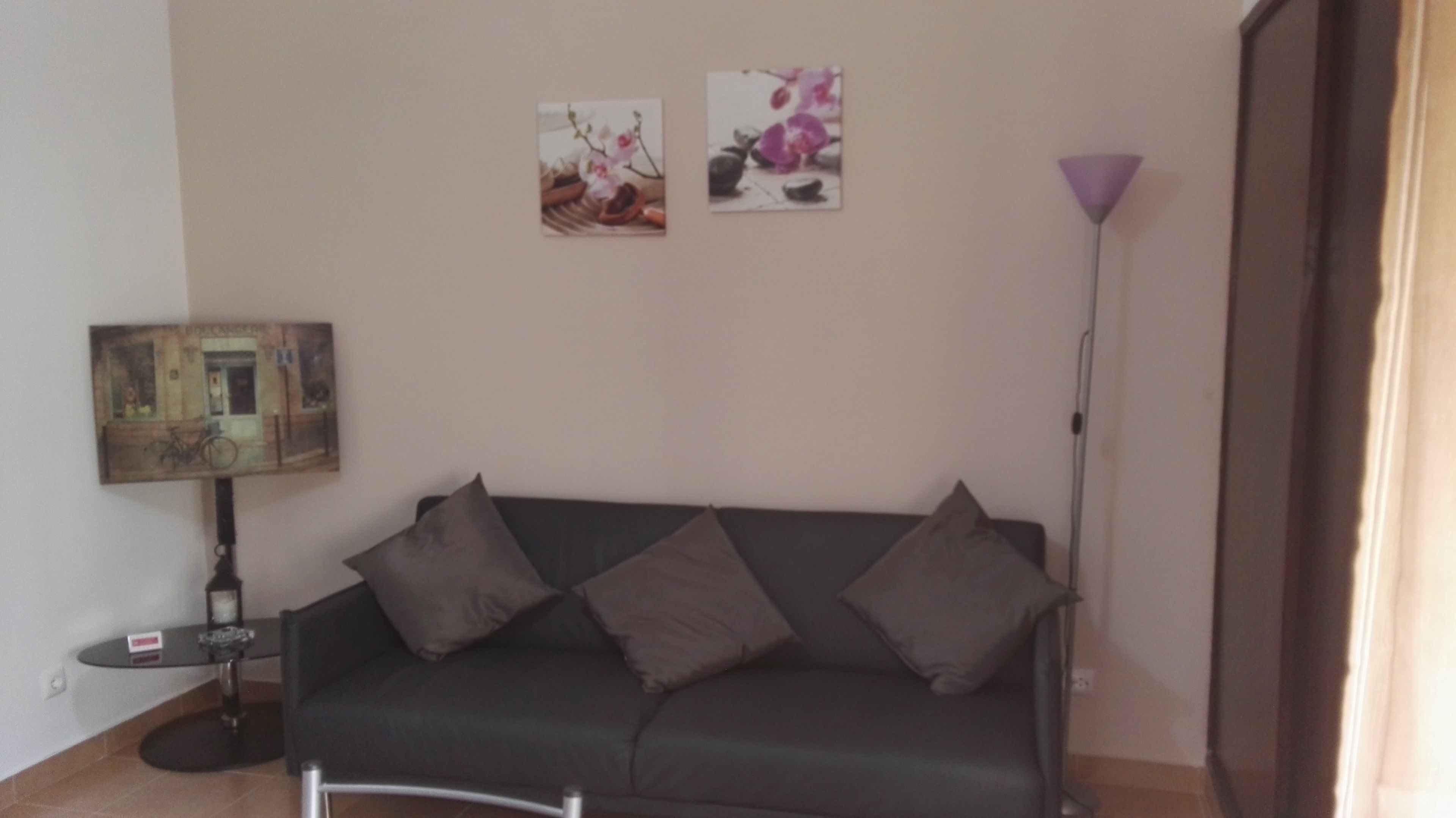 A living room with a dark green sofa, four cushions, a small round table with a lamp, and two wall-mounted pictures.