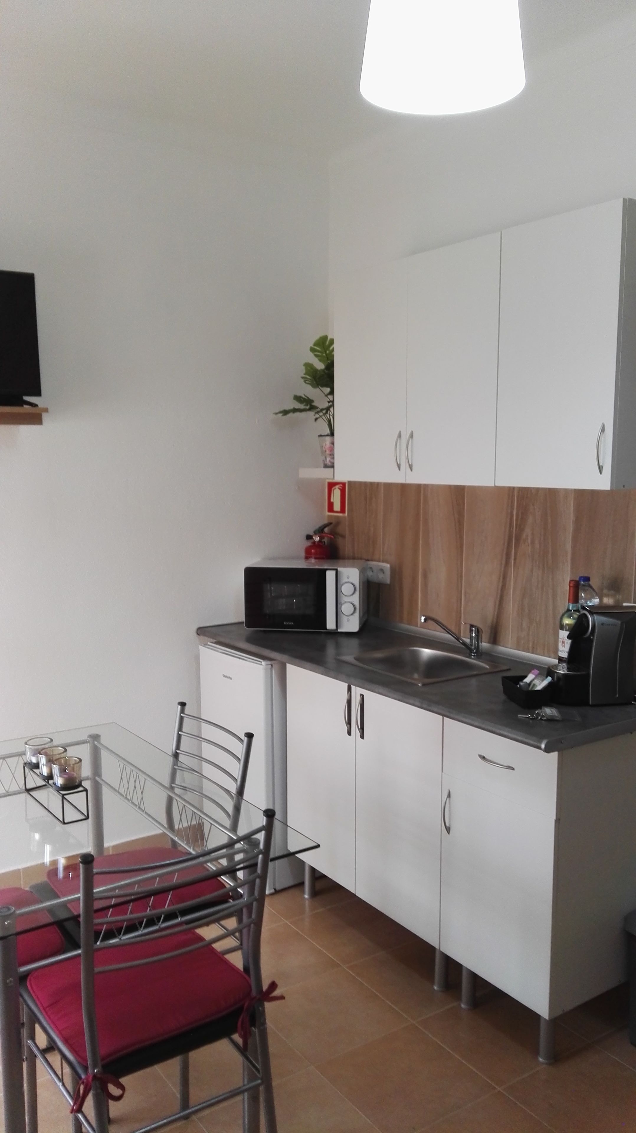 A compact kitchen with white cabinets, a microwave, a toaster, and a sink. There is a dining table with chairs and a potted plant on the counter.