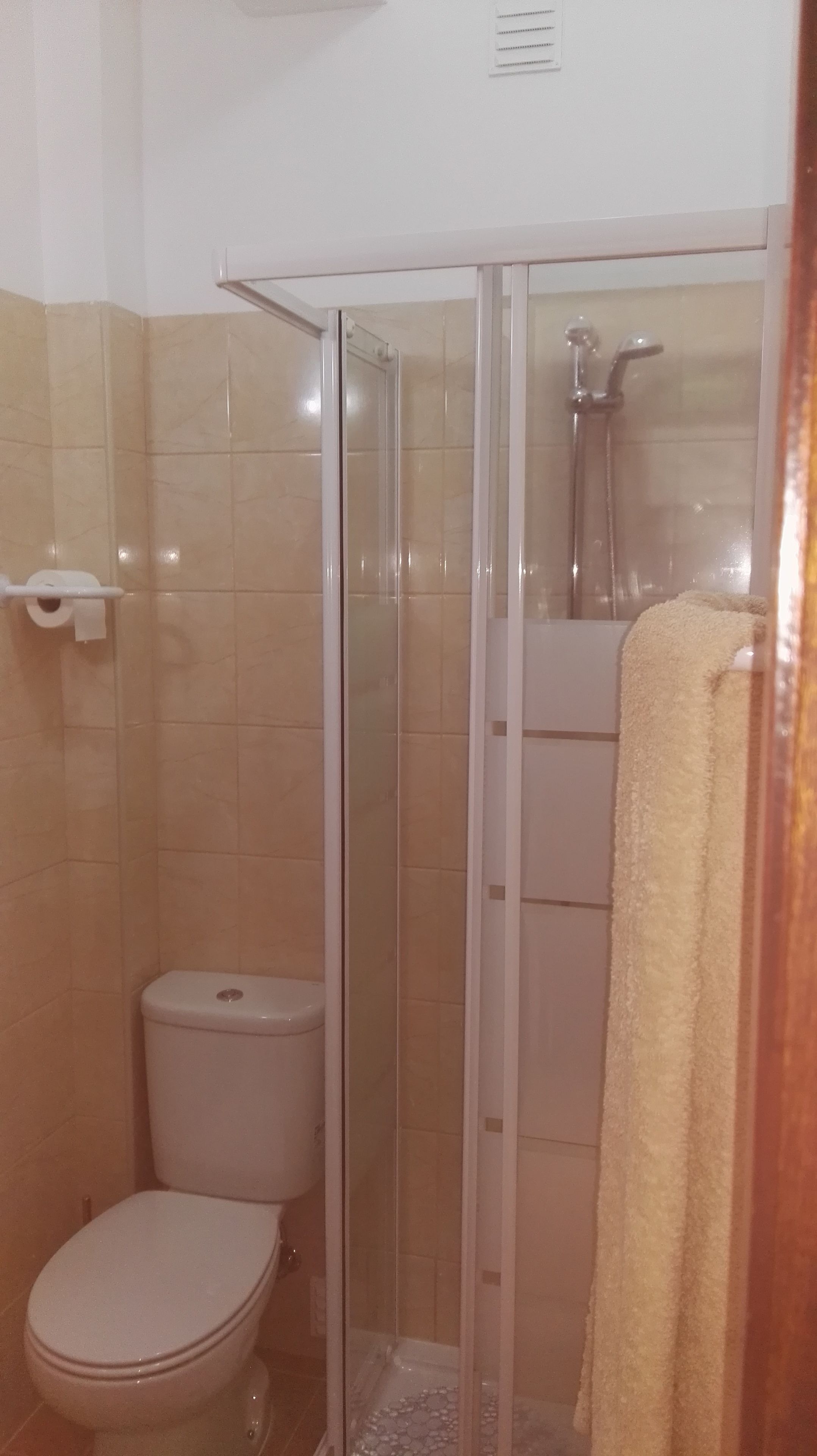 A bathroom with a glass-enclosed shower, a toilet, and a towel hanging on the wall.