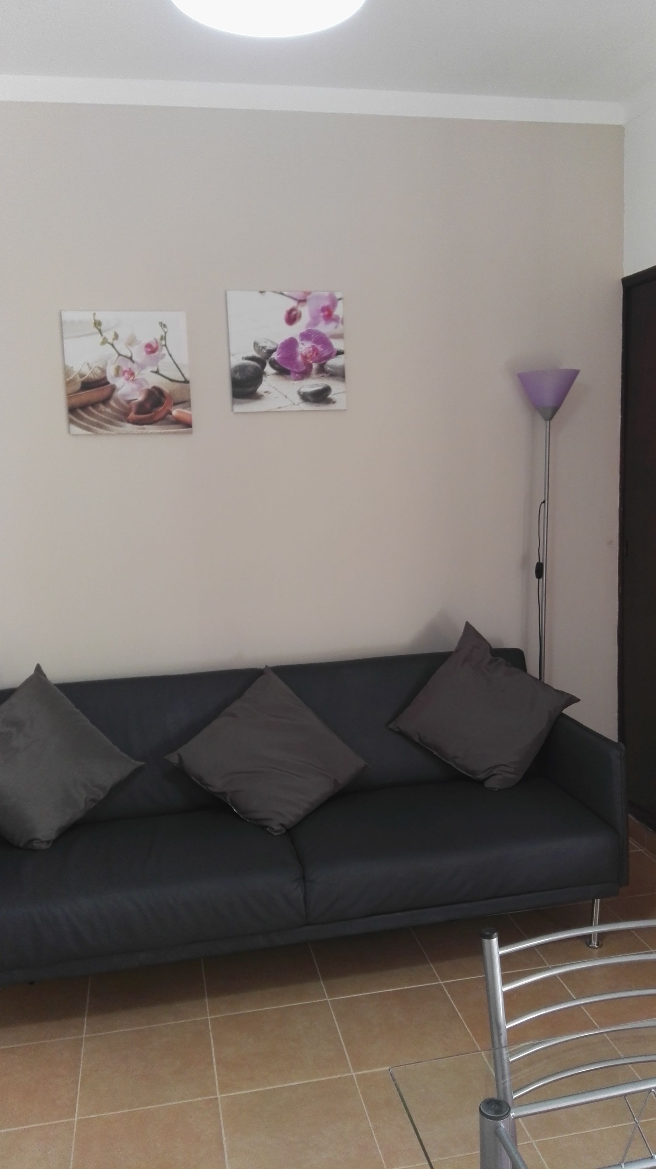 Een woonkamer met een donkergrijze bank, twee aan de muur bevestigde foto’s en een hoge vloerlamp.
