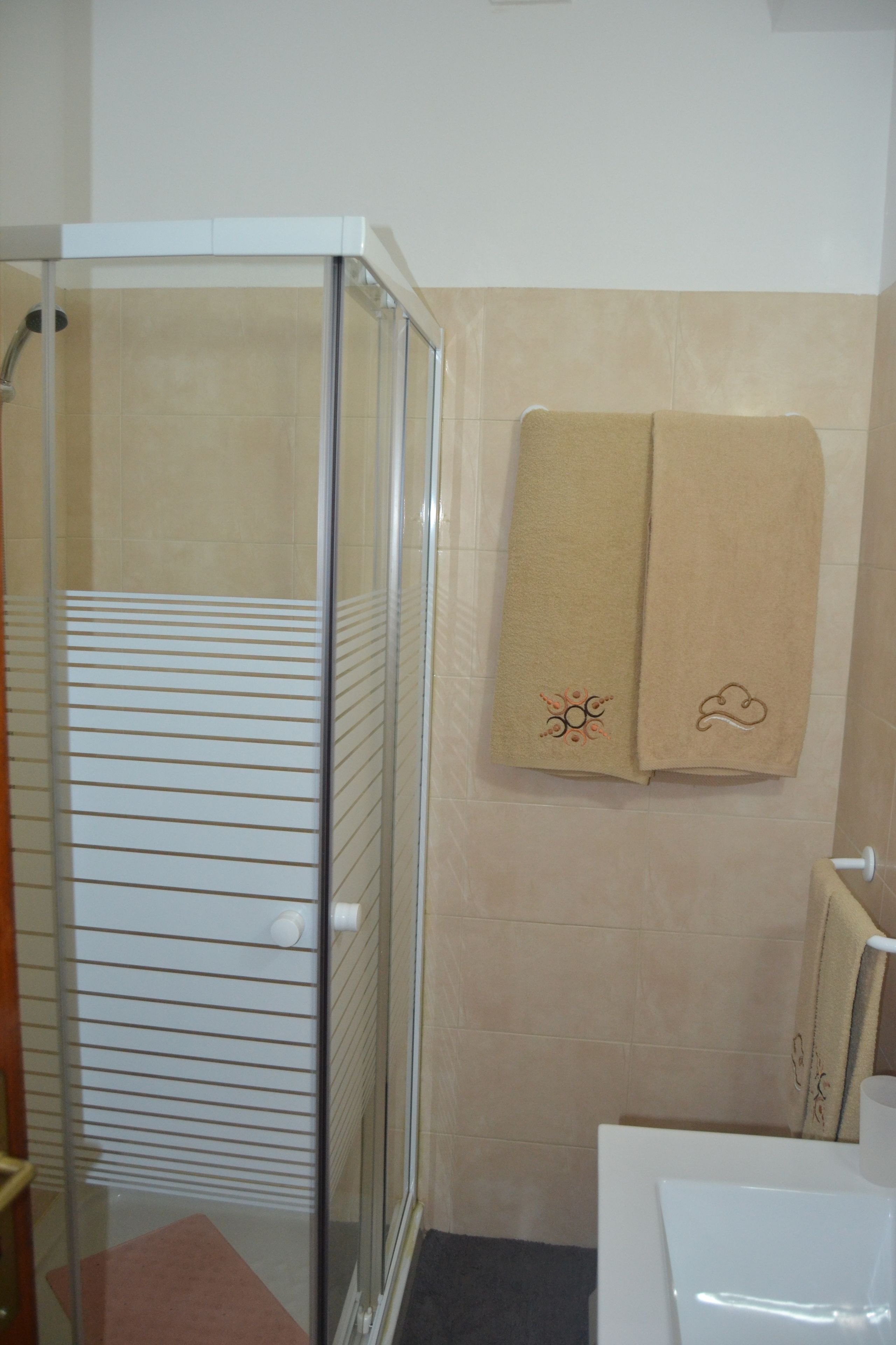 Un baño con cabina de ducha de vidrio, un lavabo blanco y dos toallas colgadas en la pared.