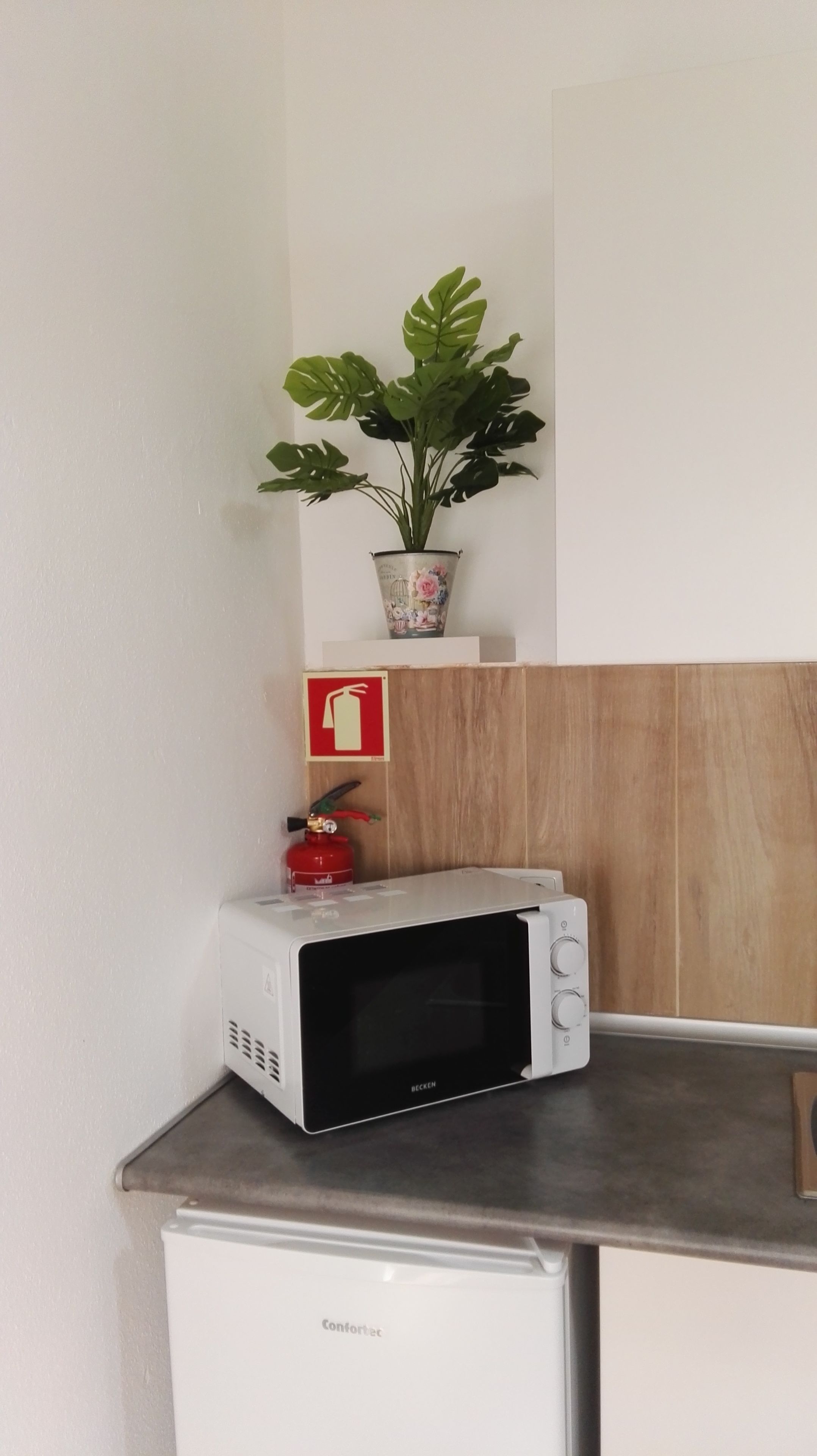 Un horno microondas sobre una encimera, un refrigerador pequeño debajo, un extintor, una planta en maceta y un letrero de seguridad contra incendios.