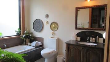 Separate tub and shower, free toiletries, hair dryer, towels