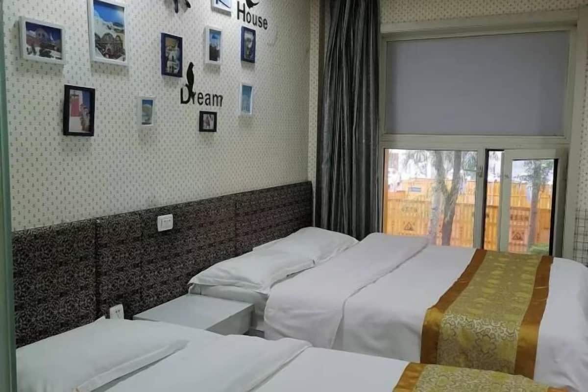 Une chambre d’hôtel avec deux lits, un mur orné de motifs, des tableaux encadrés et une vue sur les bâtiments environnants.