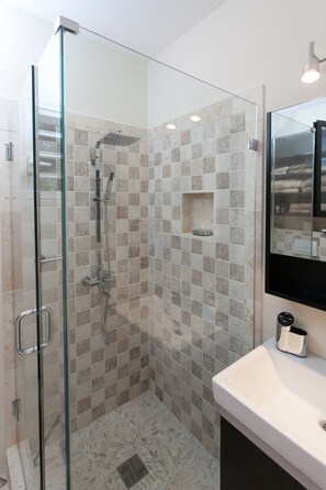 Shower, hair dryer, towels, soap
