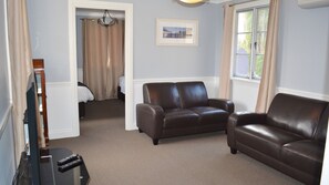 TV, DVD player, video library, stereo