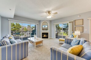 Televisión de pantalla plana, chimenea y reproductor de DVD 