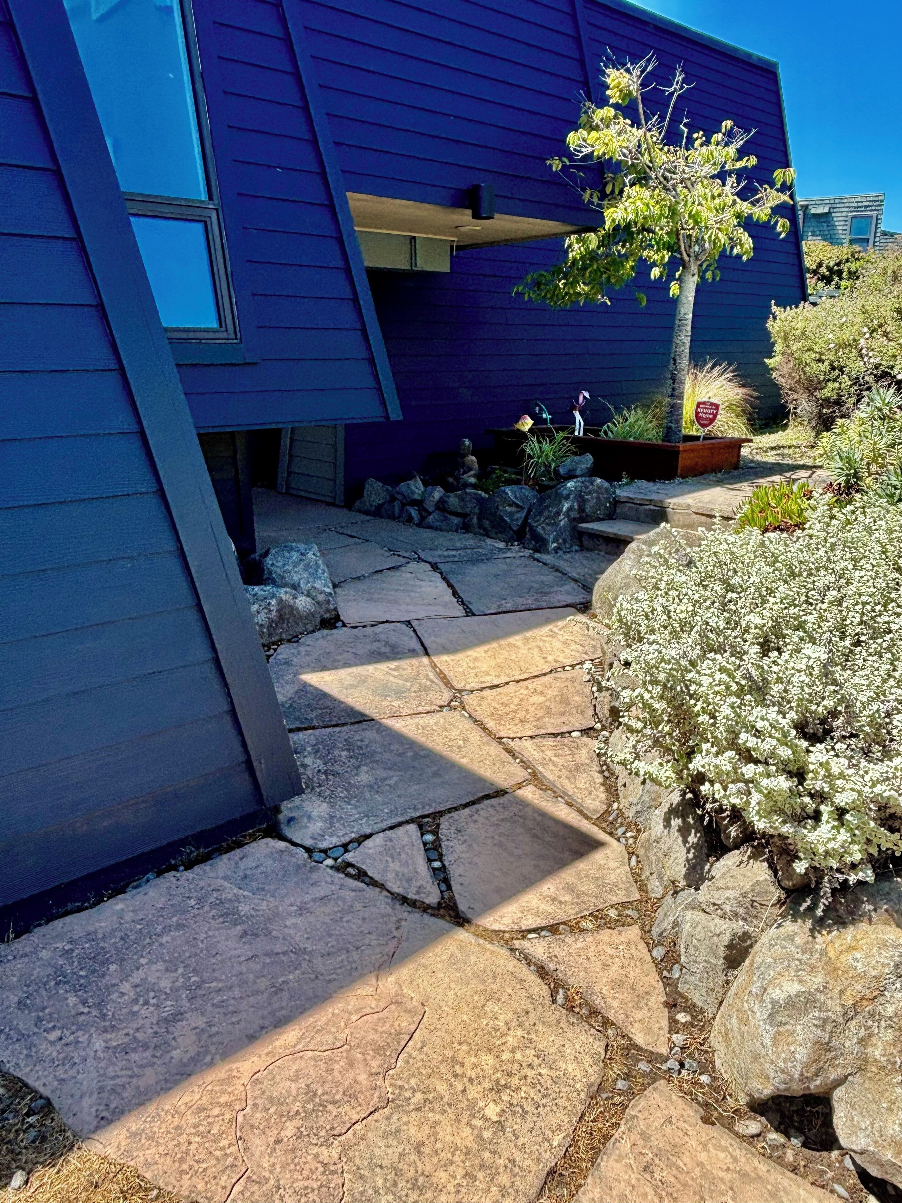 A modern building with a stone pathway leading to the entrance, surrounded by rocks and plants.