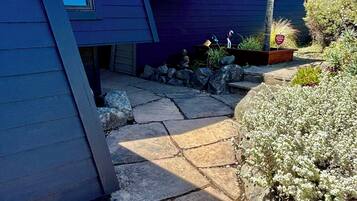 A modern building with a stone pathway leading to the entrance, surrounded by rocks and plants.