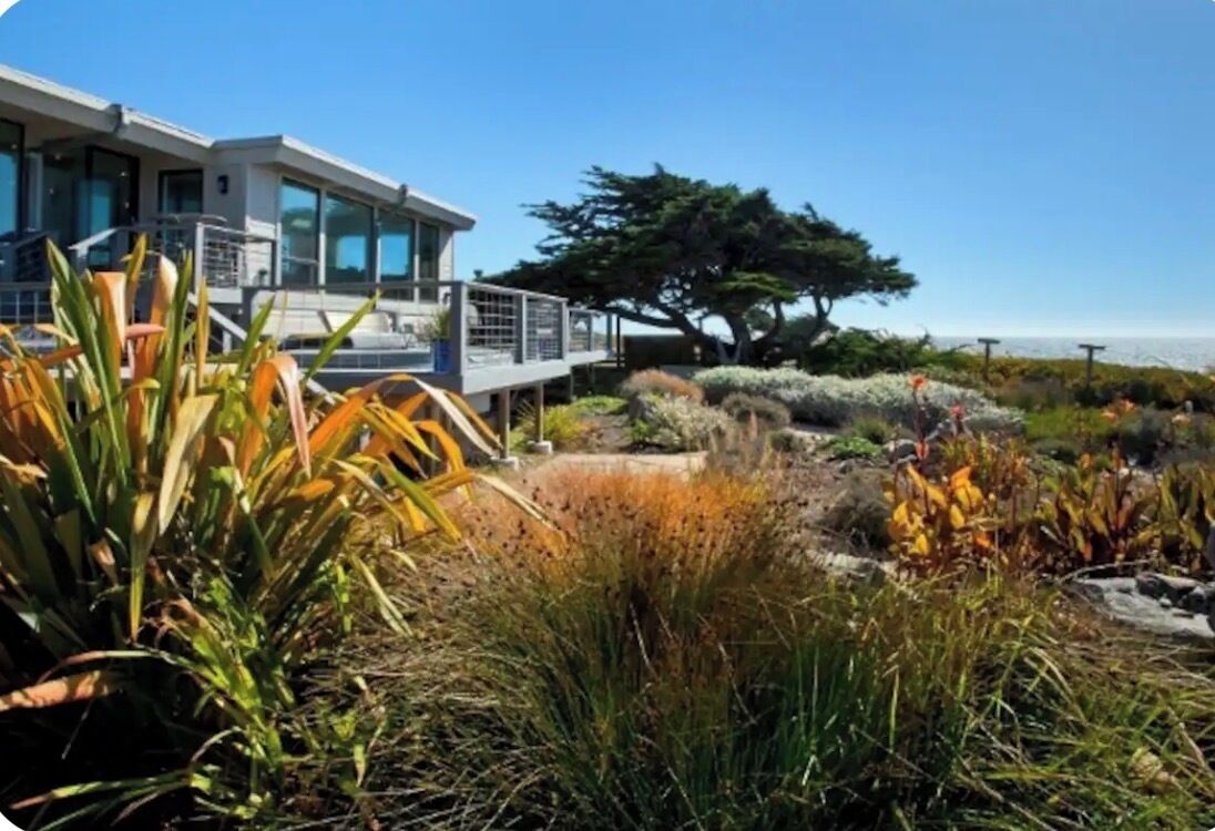 A modern building with a deck overlooking a landscaped garden and the ocean.