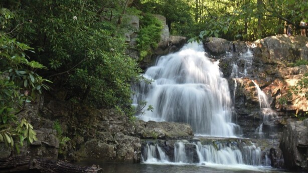 Ein Wasserfall stürzt über Felsen in einem bewaldeten Gebiet.