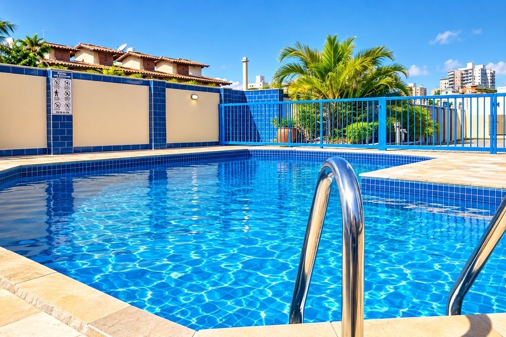 Piscina azul límpida com escada de metal, cercada por uma grade azul e palmeiras, com edifícios ao fundo.
