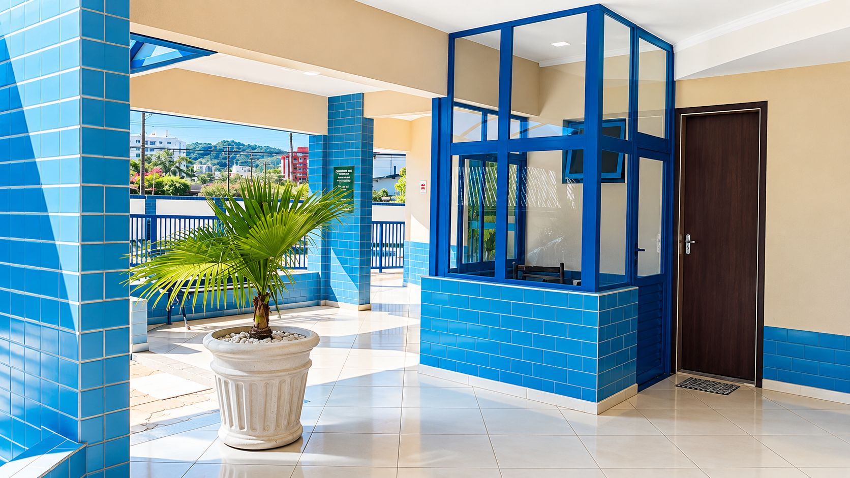 Hall d'albergo con pavimento piastrellato di blu, una pianta di palma in vaso e un'area salotto vetrata.