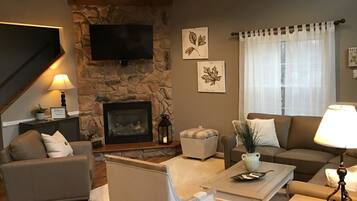 Smart TV, fireplace, DVD player, books