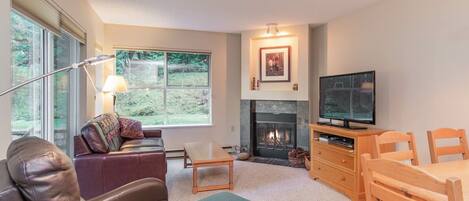 Televisión, chimenea y estéreo