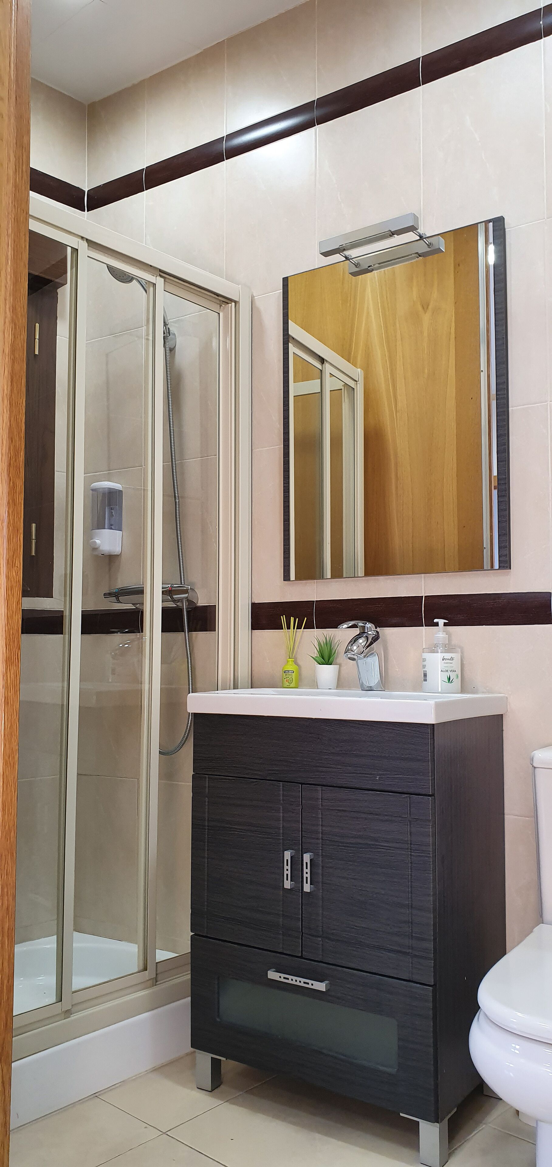 Ein Badezimmer mit einer Duschkabine aus Glas, einem dunklen Holz-Waschtisch und einer weißen Toilette. Darüber befindet sich ein Spiegel.