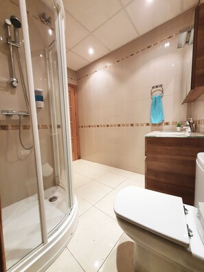 Shower, hair dryer, bidet, towels