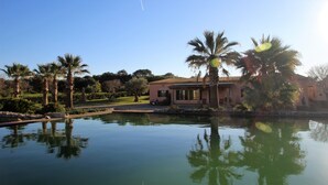 Una piscina amplia y tranquila, con el reflejo de palmeras y un edificio al fondo.