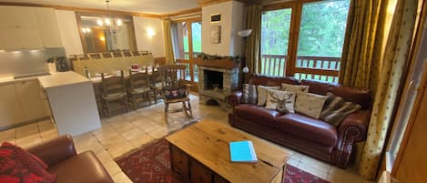 Télévision, cheminée, lecteur de DVD, livres