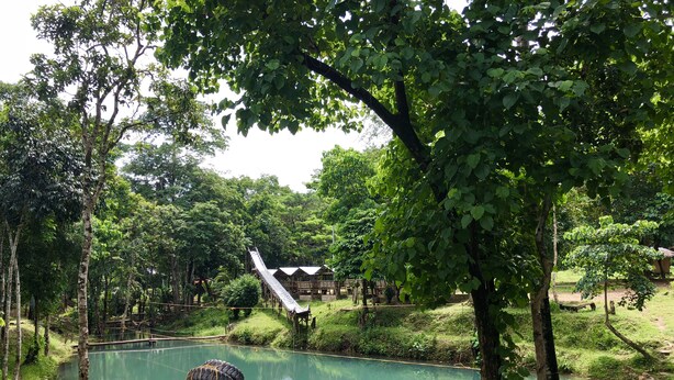 A serene outdoor area with a wooden deck, a small pond, and a thatched-roof structure. - Mount Avangan Eco Adventure Park (Coron)