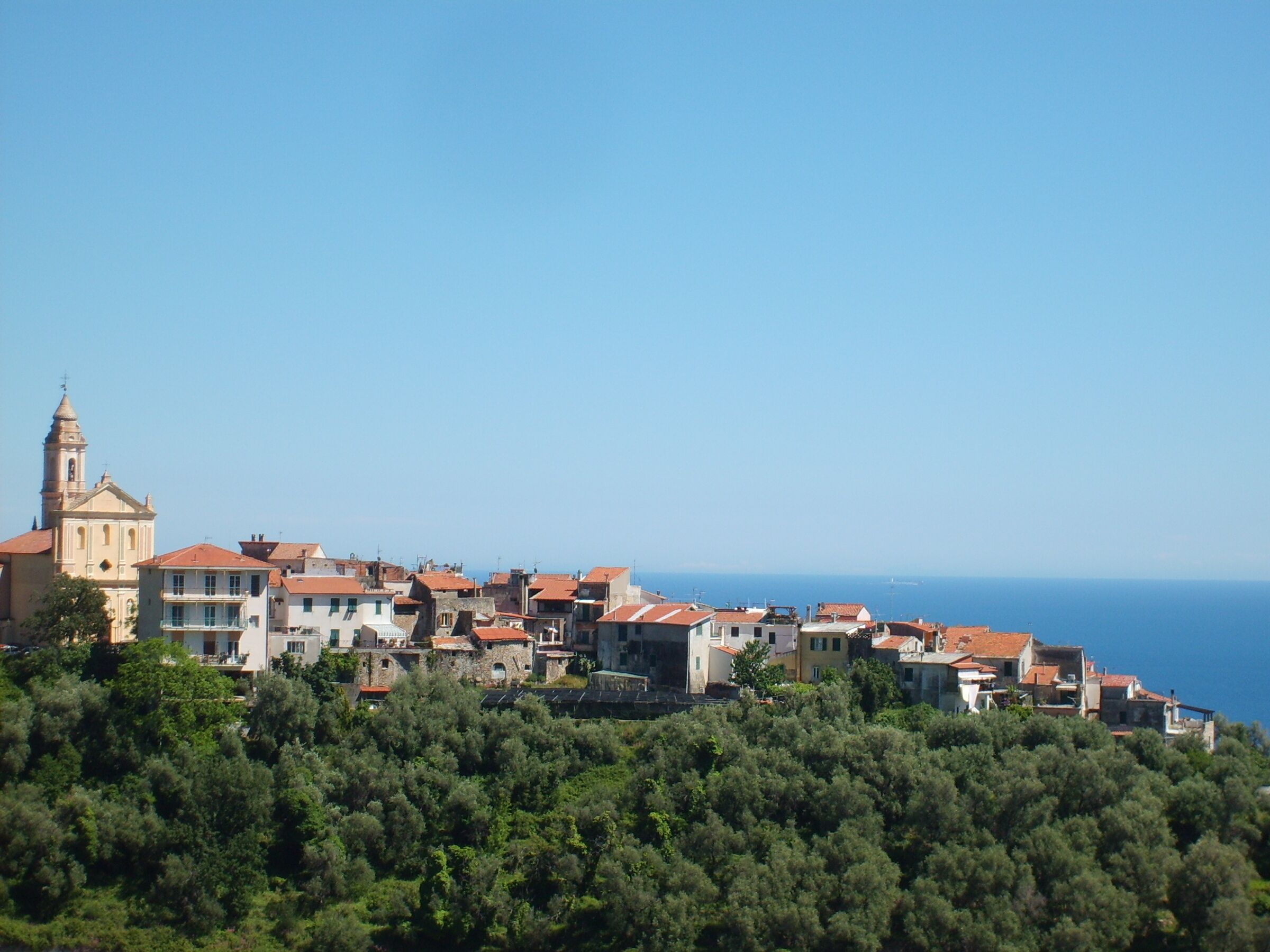 A coastal town with a prominent church and dense greenery.