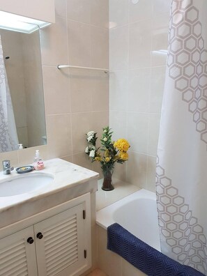 Tina con regadera, secadora de cabello, bidet, toallas 