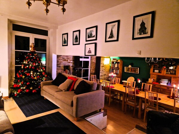 Smart TV, fireplace, video games, DVD player