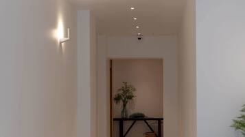 A hallway with patterned floor tiles, recessed ceiling lights, and a plant in the background.