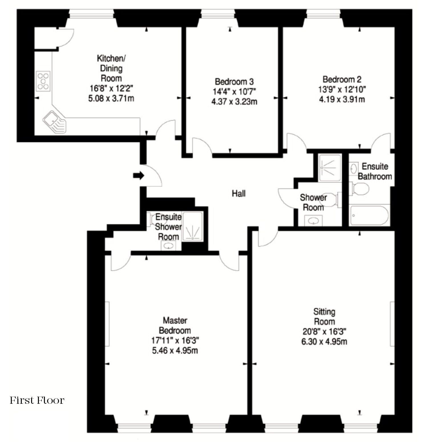 A first-floor floor plan with a kitchen/dining room, three bedrooms, a master bedroom, a sitting room, a shower room, an ensuite bathroom, and a hall.