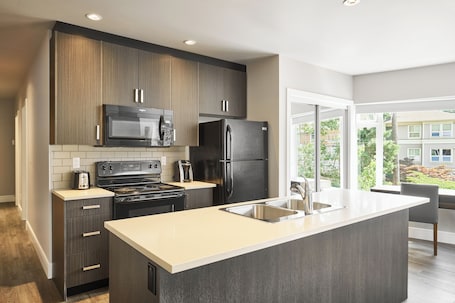 Full-size fridge, microwave, oven, stovetop