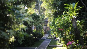Ein Weg durch einen üppigen Garten mit verschiedenen Pflanzen und einem Gebäude im Hintergrund.