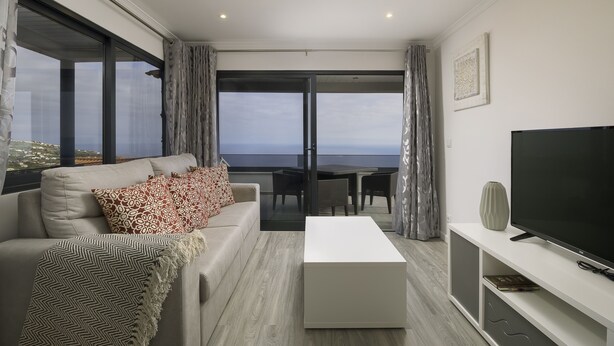 Un salon moderne avec un canapé, une table basse, un téléviseur et une vue sur la mer.