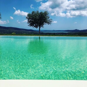 A clear pool with a tree in the center and a view of distant hills. - Large villa with private pool, surrounded by greenery, sea view - Costa Smeralda (Porto Rotondo)