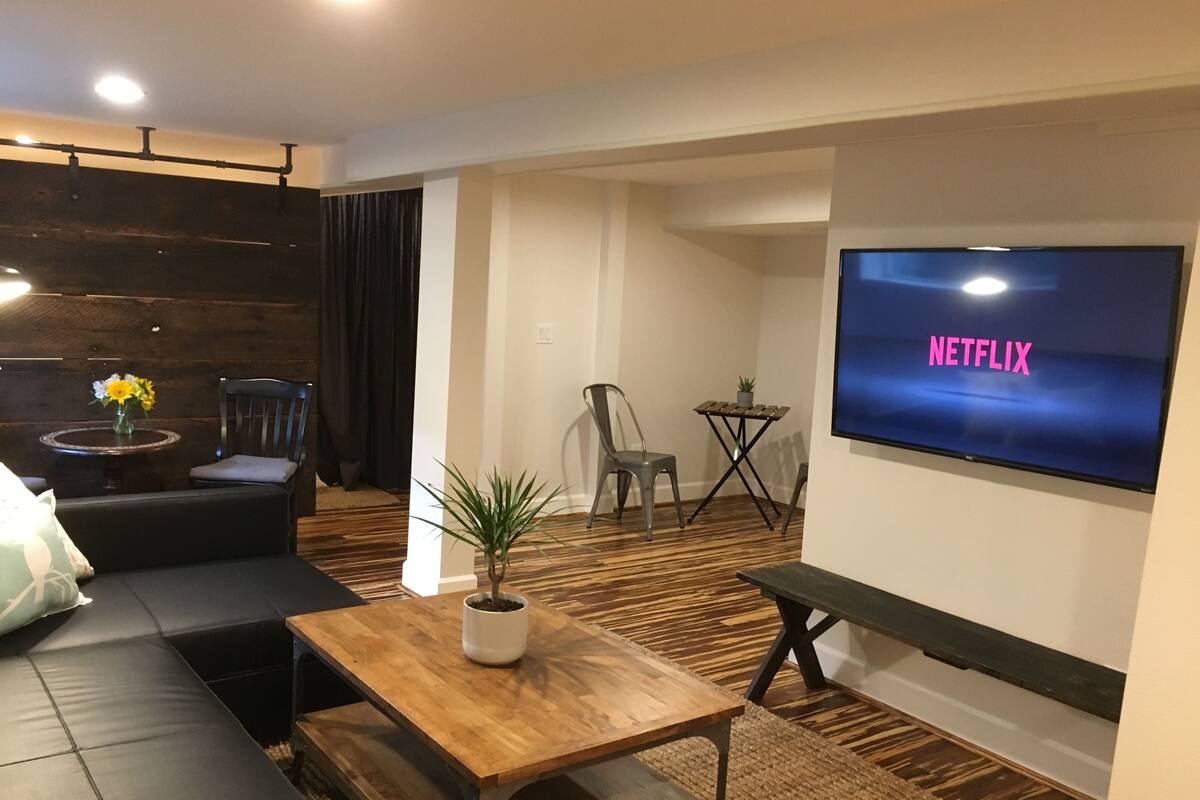 Un salon moderne avec un canapé, une table basse, un téléviseur affichant le logo « NETFLIX » et une petite table sur laquelle est posée une plante.